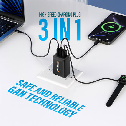 Peachz 100W GaN USB-C Fast Charger with 2×Type-C PD &1 USB-A Laptop Adapter