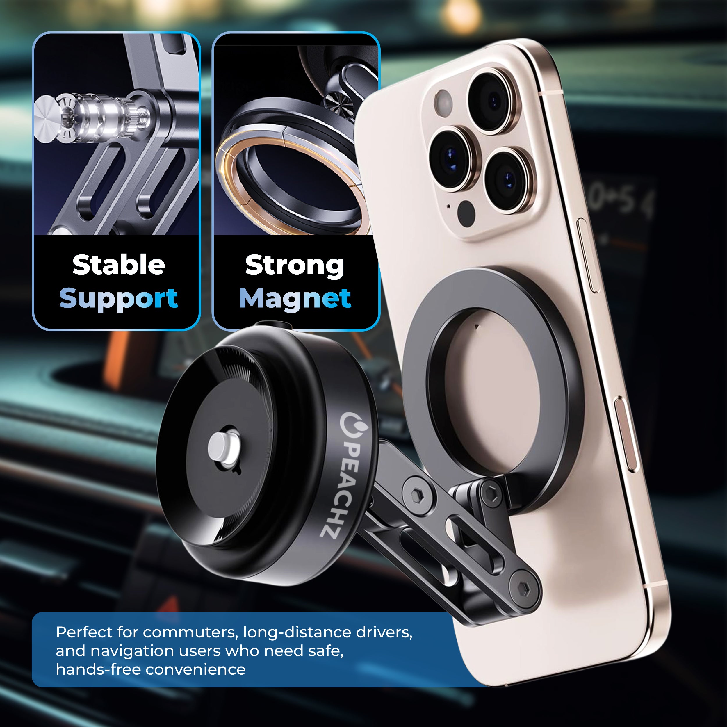 Peachz Adjustable Magnetic Car Phone Mount with Vacuum Suction