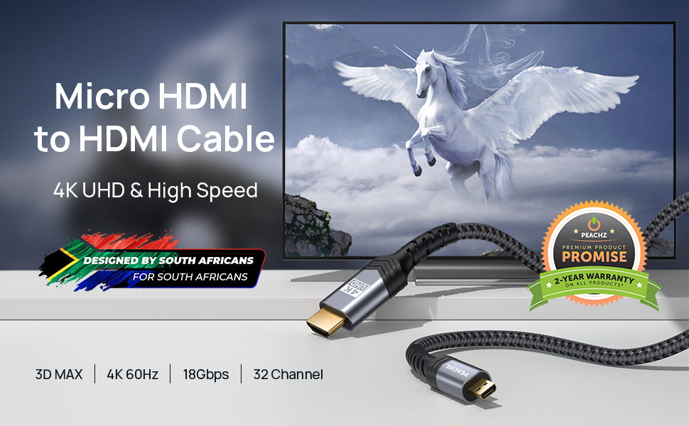 PEACHZ- Micro HDMI to HDMI Cable, 4K Micro HDMI to HDMI Male Cable Adapter  2 Meters