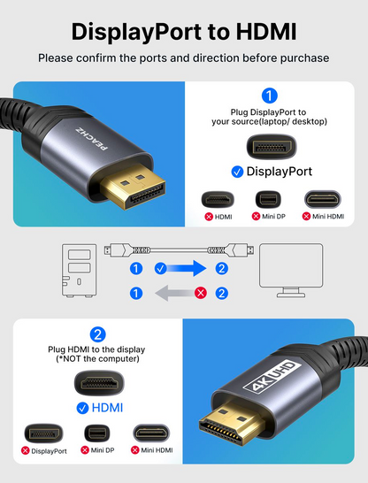 PEACHZ Nylon Braided 4K DisplayPort to HDMI Cable 2M