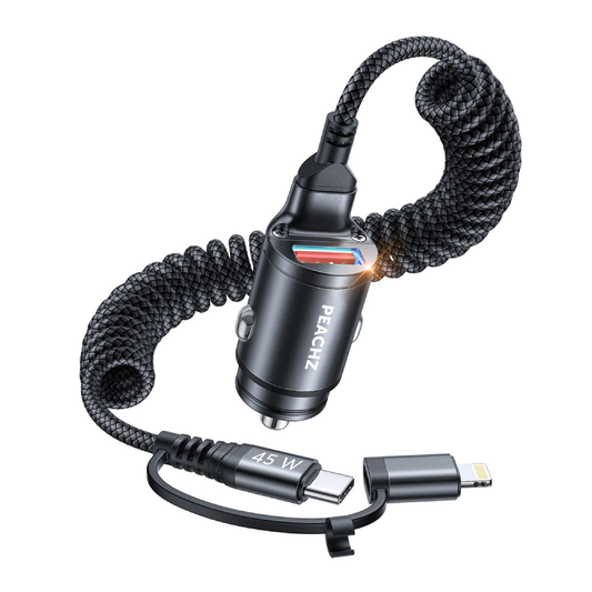 Dual 45W Coiled USB-C / Lightning Car Charger