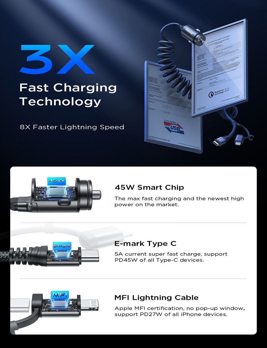 PEACHZ 45W Coiled Dual USB-C / Lightning Car Charger