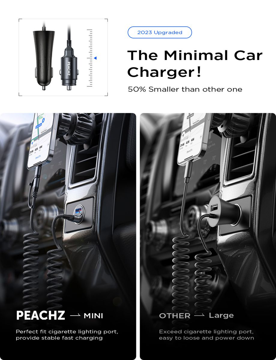 PEACHZ 45W Coiled Dual USB-C / Lightning Car Charger