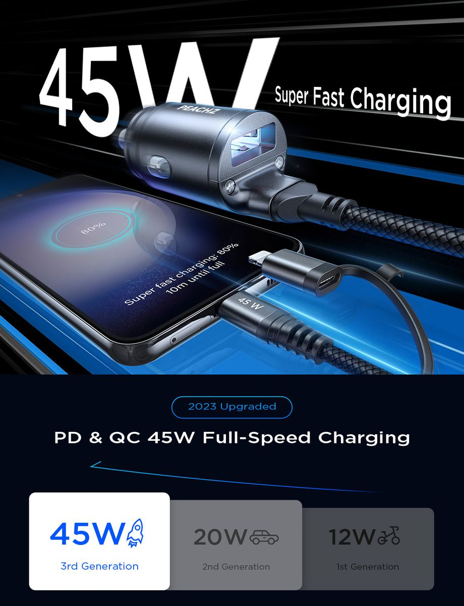 PEACHZ 45W Coiled Dual USB-C / Lightning Car Charger