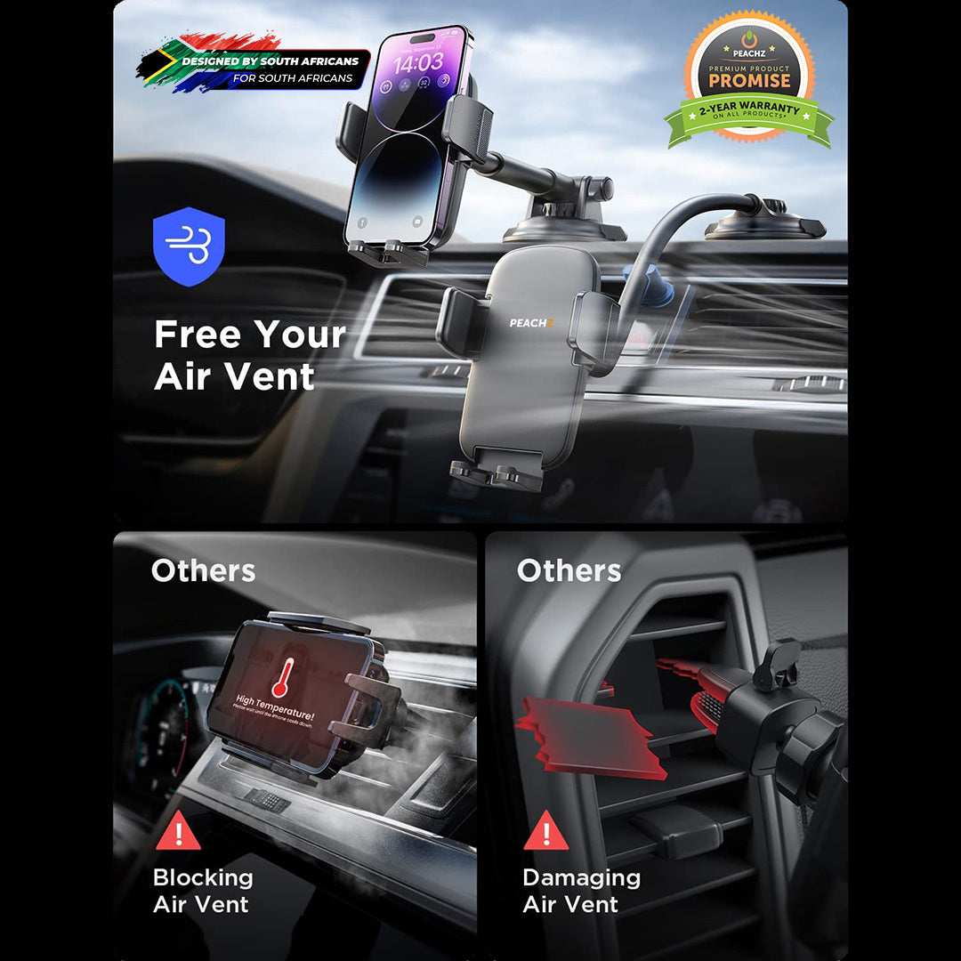 PEACHZ 2-in-1 Phone Mount with Suction Cup and Long Arm for Windshield or Dashboard