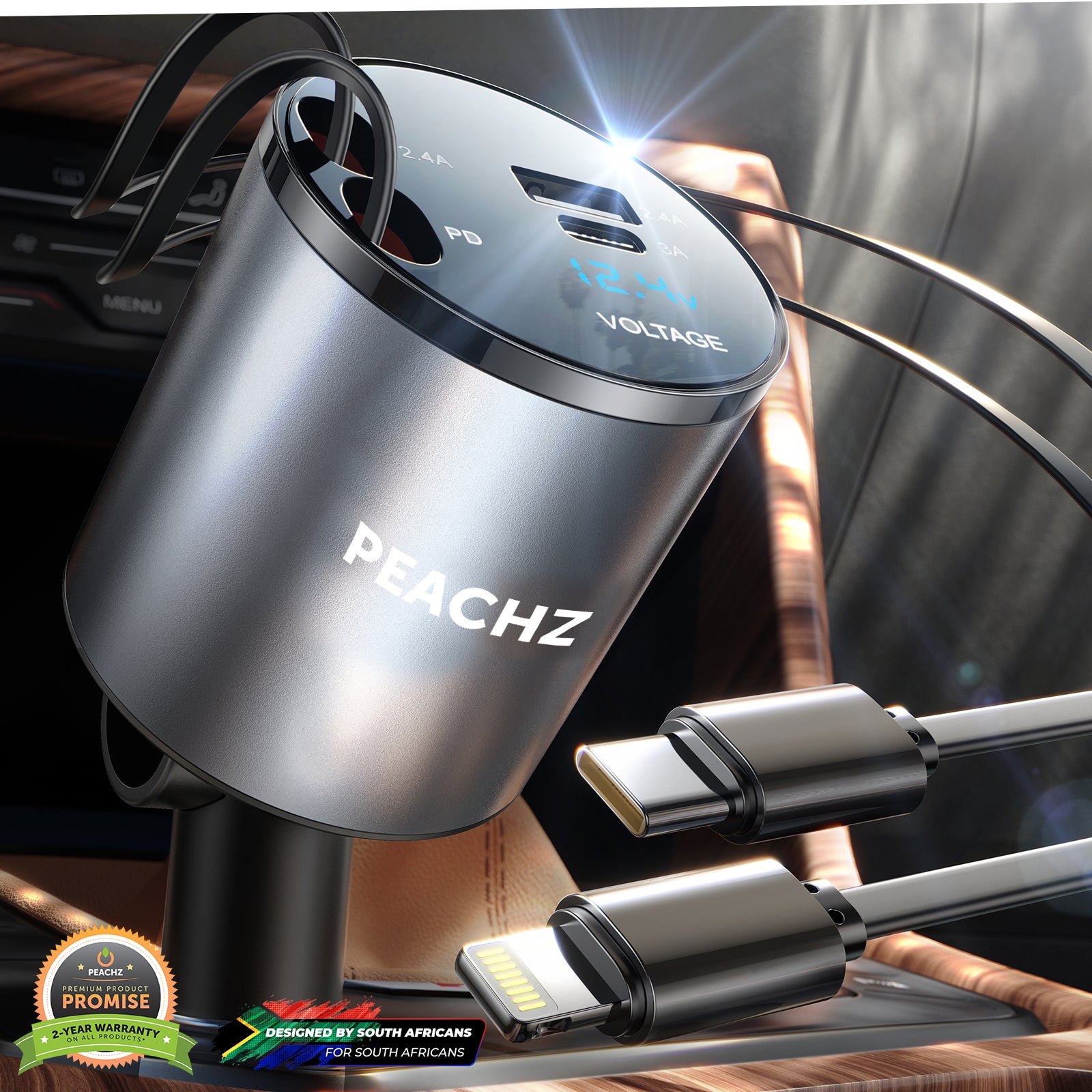 PEACHZ 4-in-1 Retractable iPhone Car Charger Fast Charger