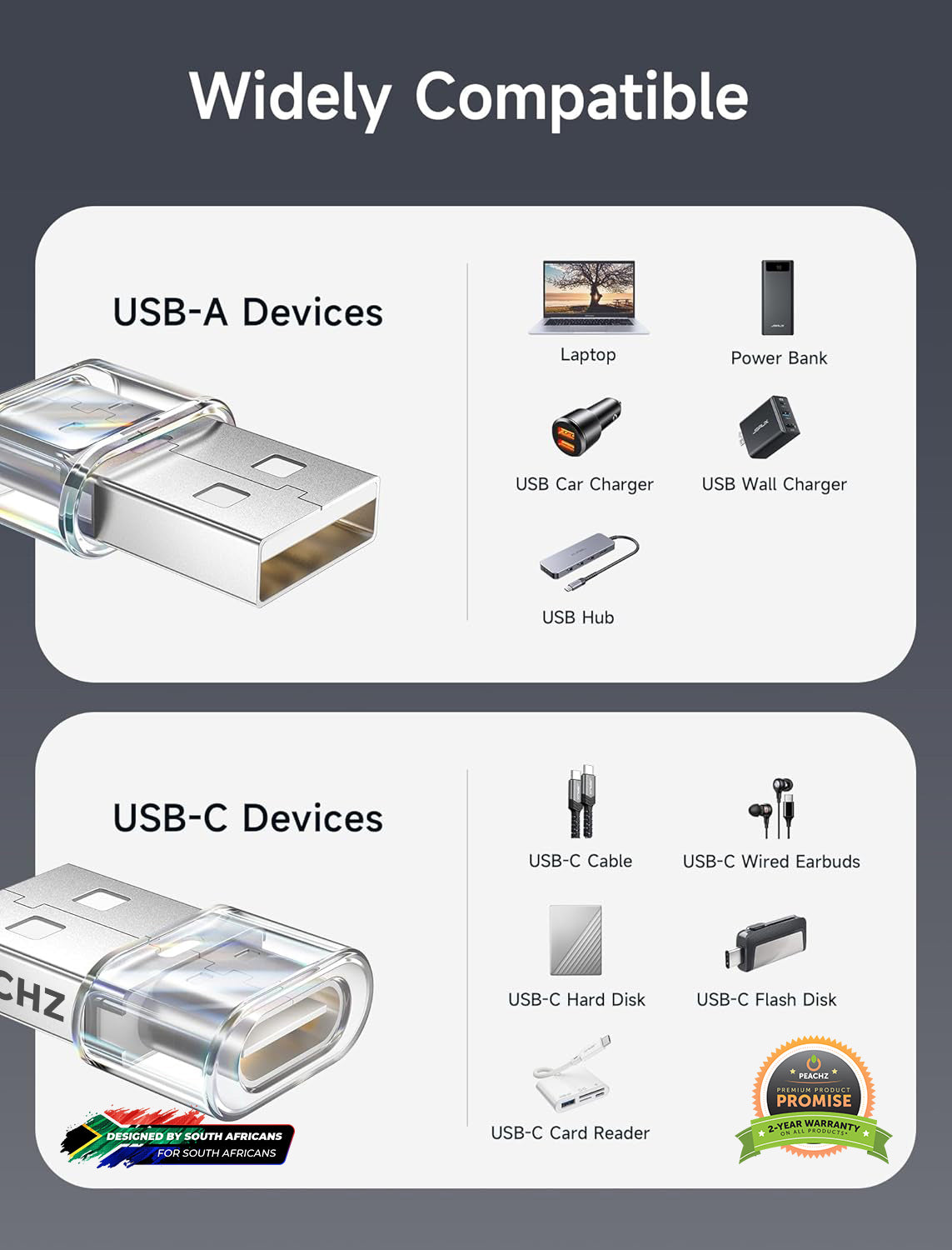 PEACHZ USB-C Female to USB-A Male Adapter 4-Pack