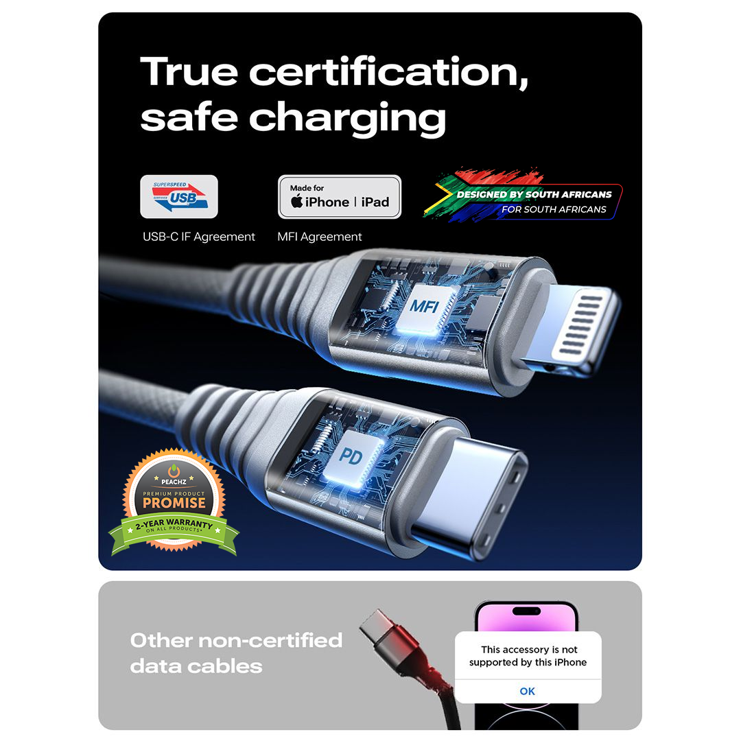 PEACHZ 30W USB-A/C To Lightning Fast Charging iPhone Cable 2M