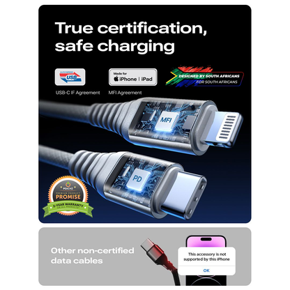PEACHZ 30W USB-A/C To Lightning Fast Charging iPhone Cable 2M