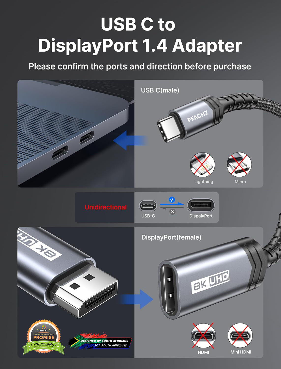 PEACHZ USB-C to Female DisplayPort 1.4 Adapter 0.2M