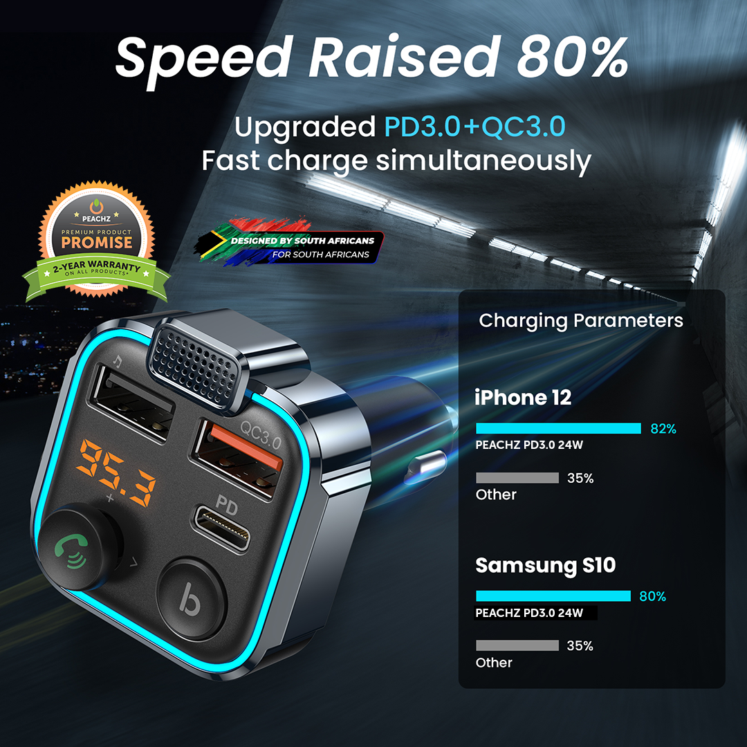 PEACHZ Bluetooth FM Transmitter and Car Charger