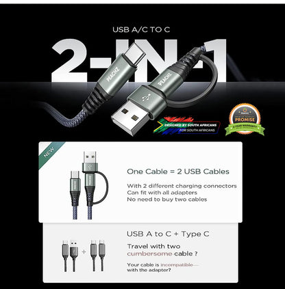 PEACHZ USB-C To USB-C/A Nylon Braided Cable 3M