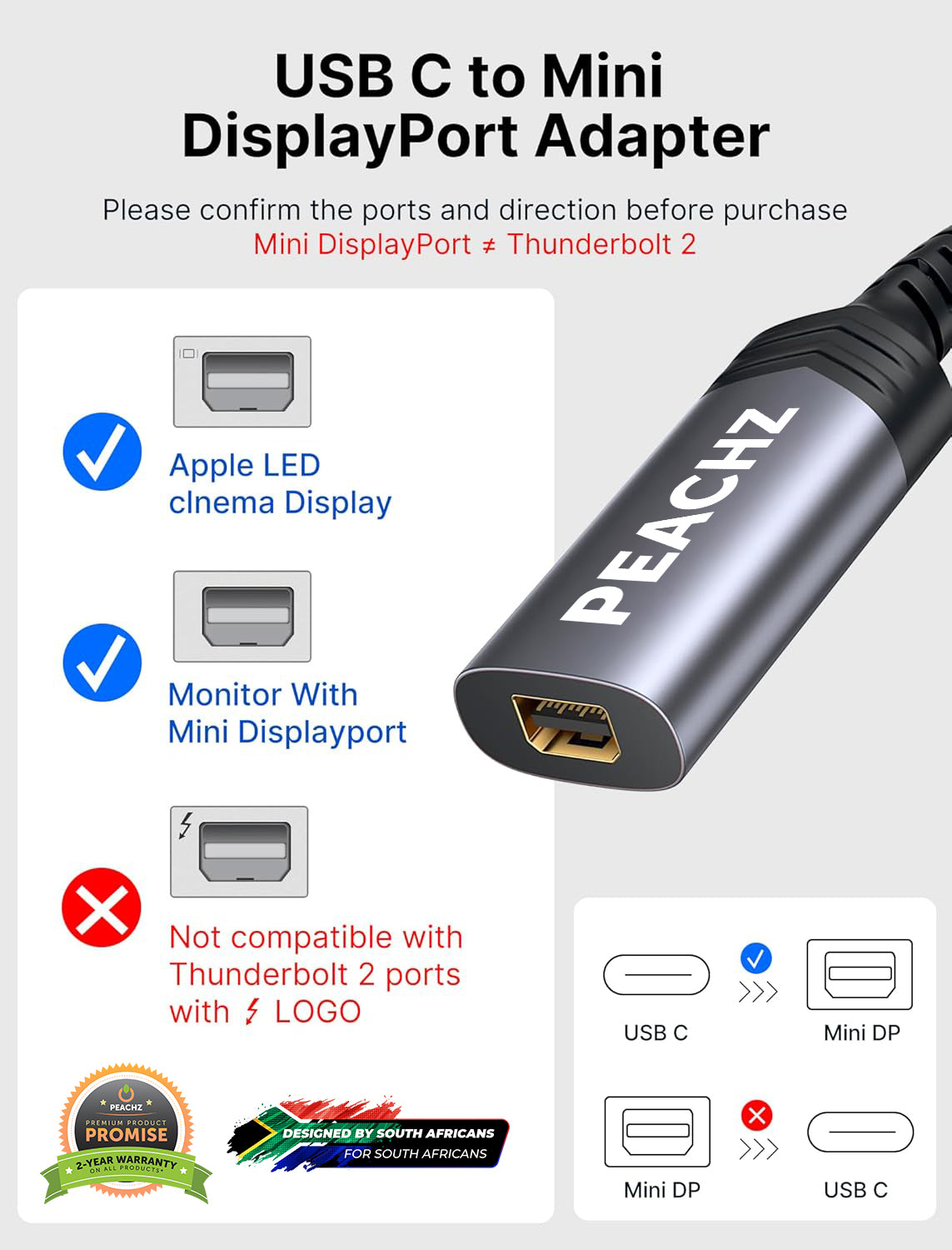 Peachz USB-C to Mini DisplayPort Adapter 4K@60Hz - Grey | MacBook Dell