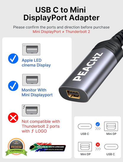 Peachz USB-C to Mini DisplayPort Adapter 4K@60Hz - Grey | MacBook Dell