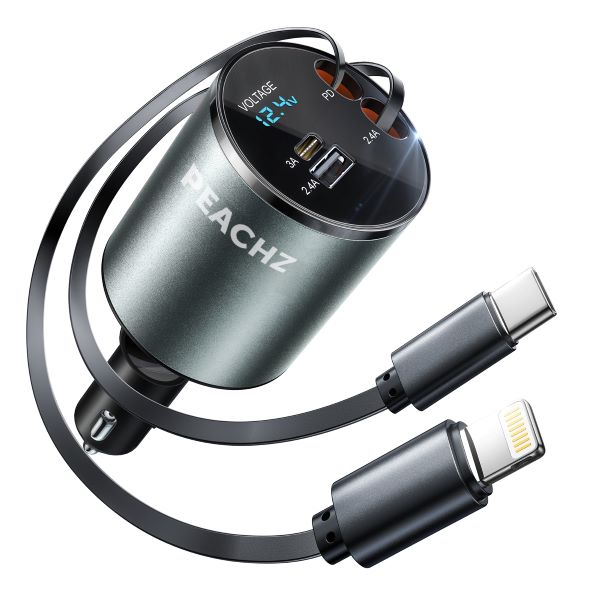 PEACHZ 4-in-1 Retractable iPhone Car Charger Fast Charger