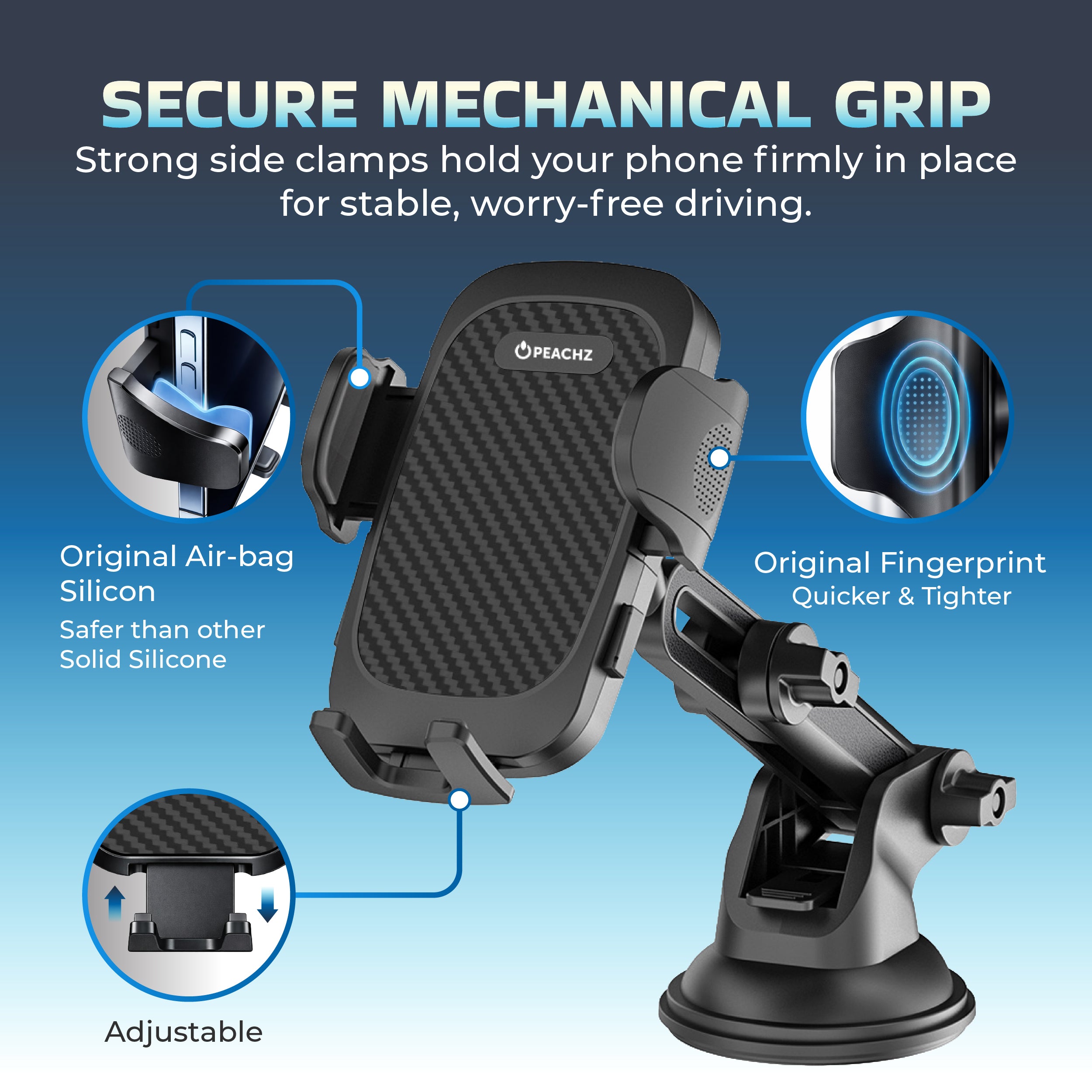 Peachz Dashboard Phone Holder with Strong Suction Mount