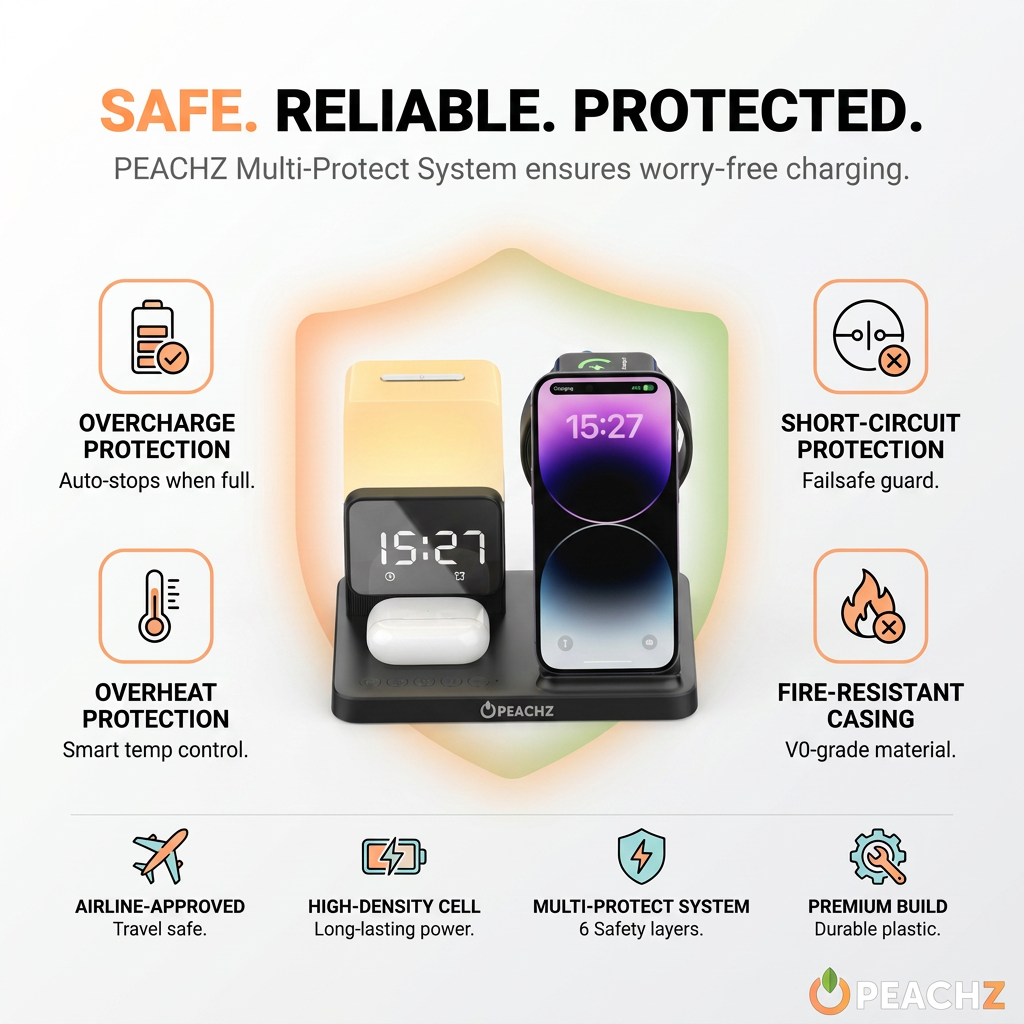 PEACHZ 6-in-1 Wireless Charging Station Dock with Clock & LED Lamp