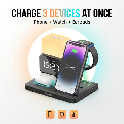 PEACHZ 6-in-1 Wireless Charging Station Dock with Clock & LED Lamp