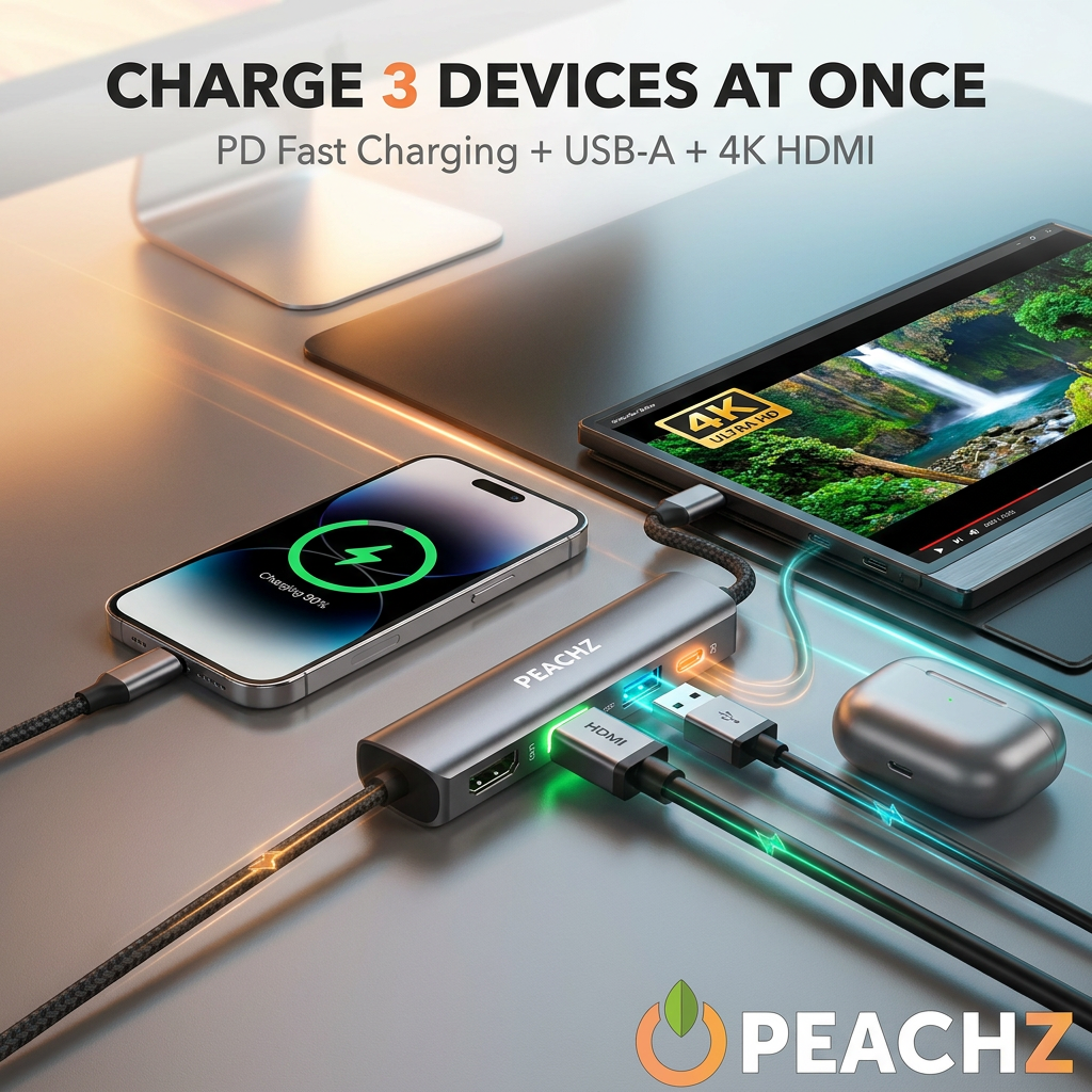 PEACHZ USB-C Multiport Hub - 4K@60HZ HDMI, USB 3.0 & PD Charging
