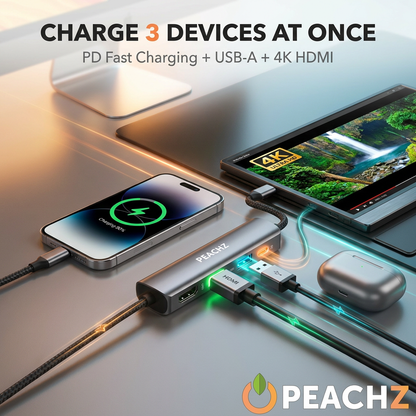 PEACHZ USB-C Multiport Hub - 4K@60HZ HDMI, USB 3.0 & PD Charging