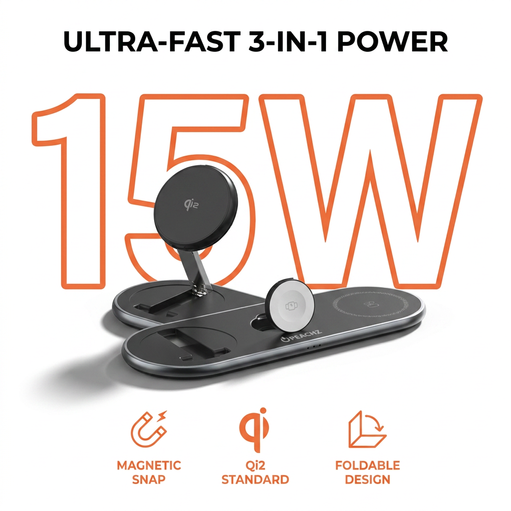 PEACHZ Qi2 3-in-1 Magnetic Wireless Charging Stand-15W Fast Charging